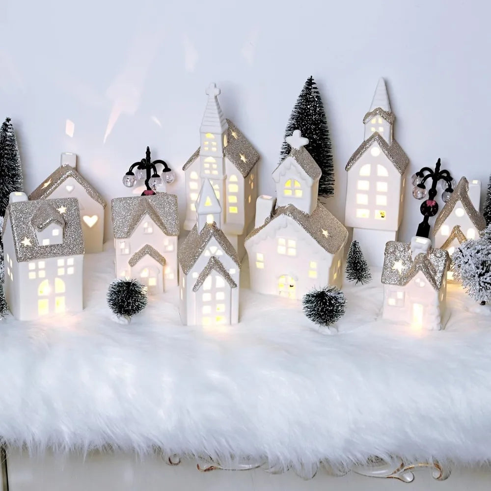 28 Piece Ceramic Christmas Village Set, 9 White Christmas Houses, 17 Snow Trees, 2 Retro Christmas Decorations with Lights