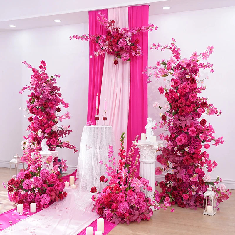 Hot Pink Rose Palm Orchid Aisle Floral Arrangement Wedding Backdrop KT Board Decor Hang Flower Row Banquet Window Display H8919