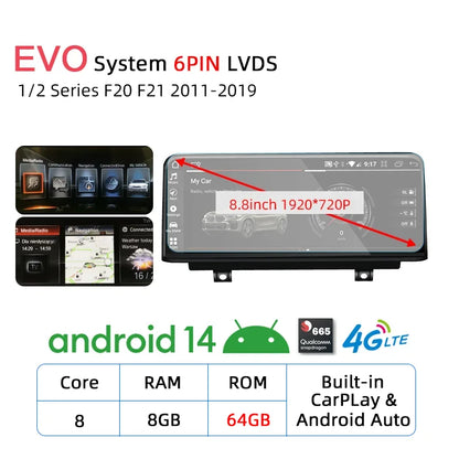 Android 14 Wireless Carplay Auto Radio Touch Screen For BMW 1 2 3 4 Series F20 F21 F22 F30 F31 F32 F33 F34 Multimedia Player GPS