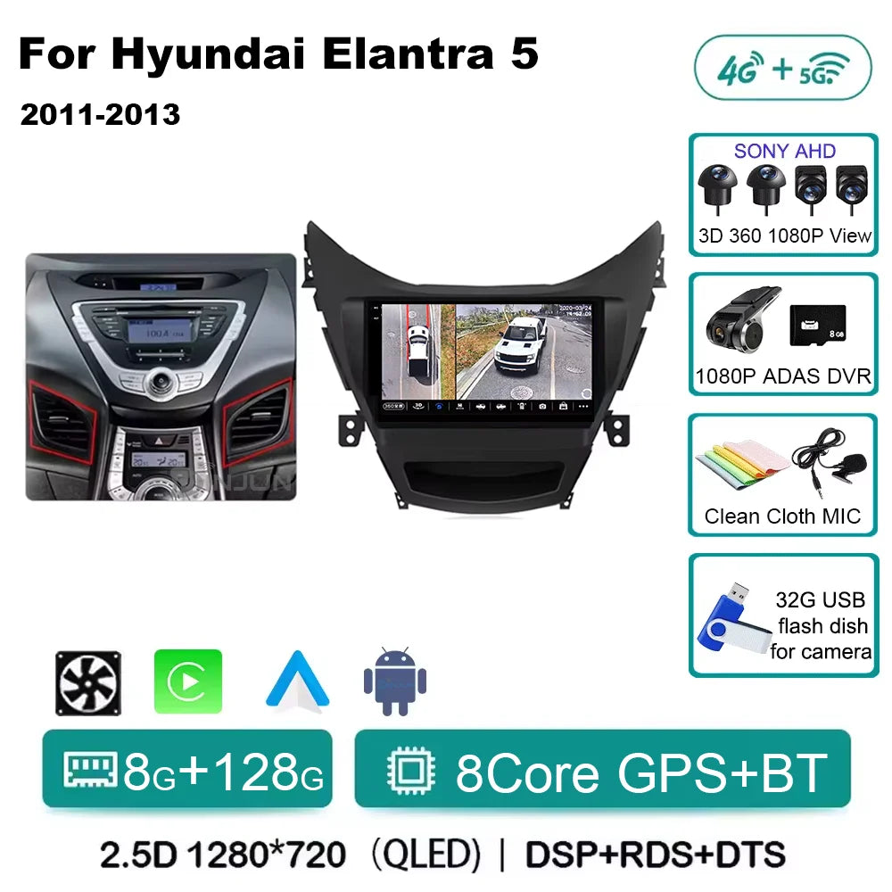 Android 14 Carplay Auto For Hyundai Elantra 5 JK GD MD UD 2011 - 2013 Qualcomm Car Radio Multimedia Video Player Navigation GPS