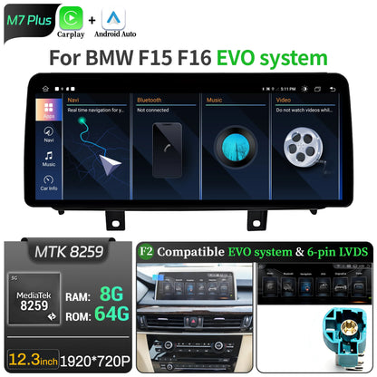 12.3 inch Android 14 For BMW X5 F15 X6 F16 2014-2018 Car Radio Wireless Bluetooth Carplay Head Unit Snapdragon 680 Touch Screen