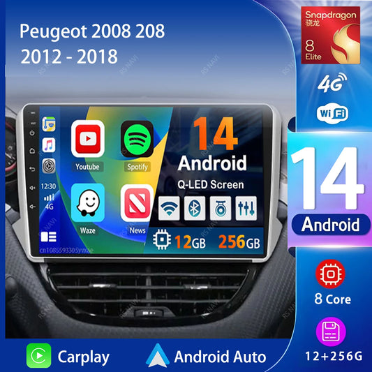 Android 14 Navigation Multimedia Player For Peugeot 2008 208 Series 2012 2013 2014 - 2018 Carplay Auto Stereo BT video Car radio