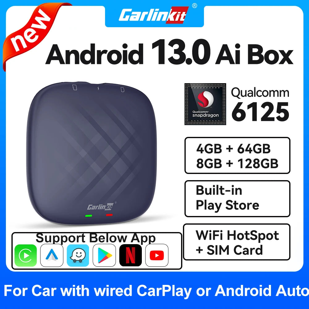 2025 NEW CarlinKit CarPlay Ai Box Qualcomm 8-Core Android 13 Wireless Carplay Android Auto Car Video TV Box WiFi SIM For Netflix