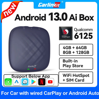 2025 NEW CarlinKit CarPlay Ai Box Qualcomm 8-Core Android 13 Wireless Carplay Android Auto Car Video TV Box WiFi SIM For Netflix