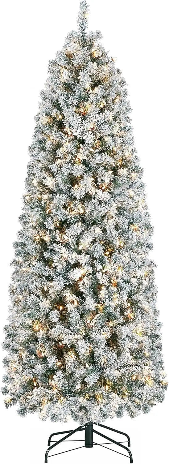 Snowflake Plush Pencil Christmas Tree with 350 Incandescent Warm White Lights, 7.5-foot Pre Installed Branches, 1086