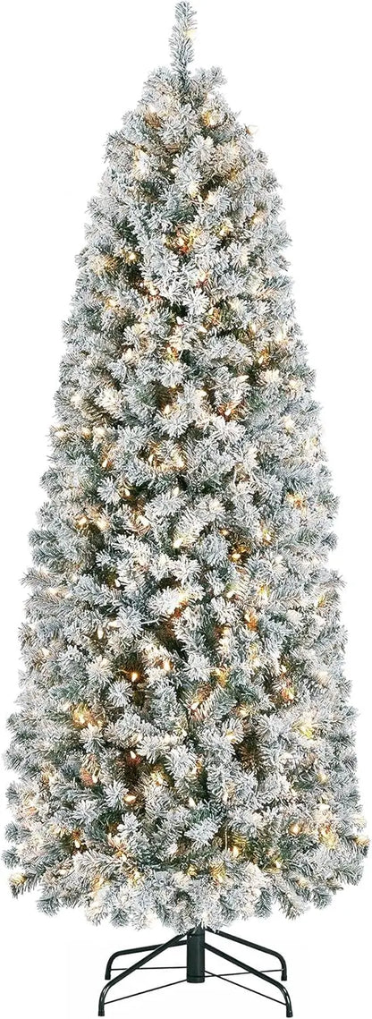 Snowflake Plush Pencil Christmas Tree with 350 Incandescent Warm White Lights, 7.5-foot Pre Installed Branches, 1086