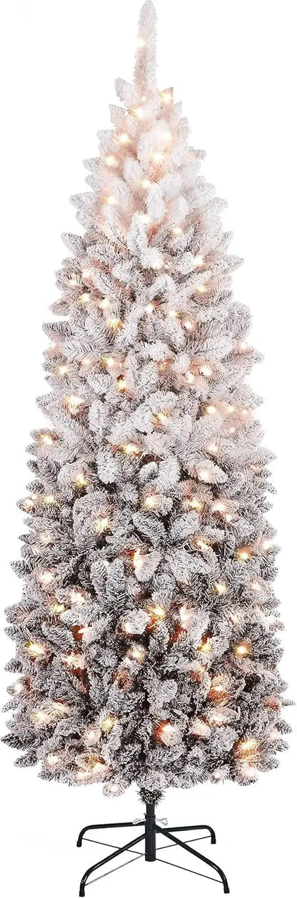 Snowflake Plush Pencil Christmas Tree with 350 Incandescent Warm White Lights, 7.5-foot Pre Installed Branches, 1086