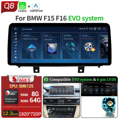 12.3 inch Android 14 For BMW X5 F15 X6 F16 2014-2018 Car Radio Wireless Bluetooth Carplay Head Unit Snapdragon 680 Touch Screen
