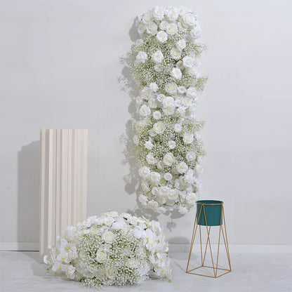 Uflower White Rose Gypsophila Artificial Flower Row Arrangement Wedding Table Centerpieces Floral Ball Window Display Party Prop
