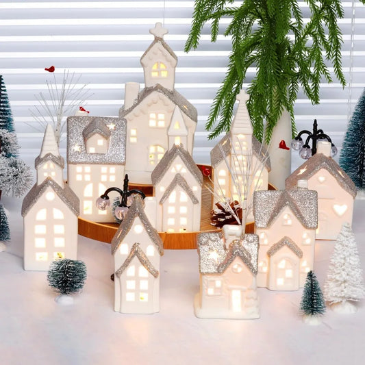 28 Piece Ceramic Christmas Village Set, 9 White Christmas Houses, 17 Snow Trees, 2 Retro Christmas Decorations with Lights
