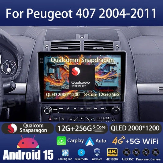 Android 15 Car Radio For Peugeot 407 1 2004 - 2011 GPS Multimedia Player Navi Wireless Carplay DSP BT Head Unit 360 Camera Video