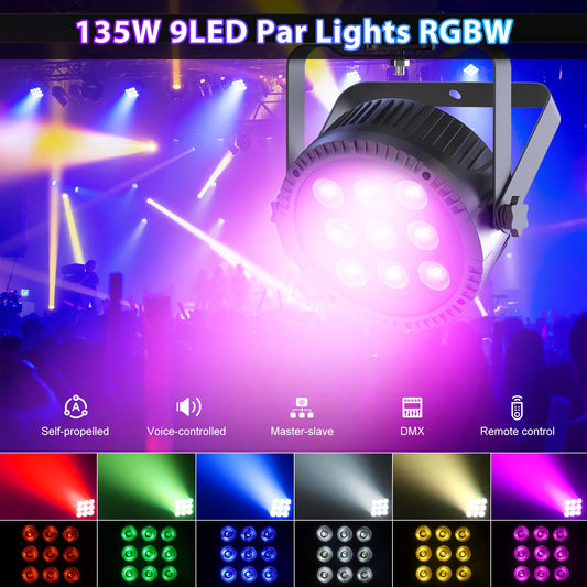 Yiflamefly 4Pcs 4 in 1 RGBW 9 LED Par Light With Remote Control DMX512 Sound Activated Control For DJ Party Halloween Christmas