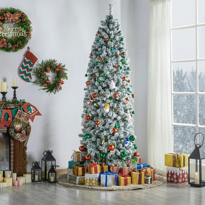 Snowflake Plush Pencil Christmas Tree with 350 Incandescent Warm White Lights, 7.5-foot Pre Installed Branches, 1086