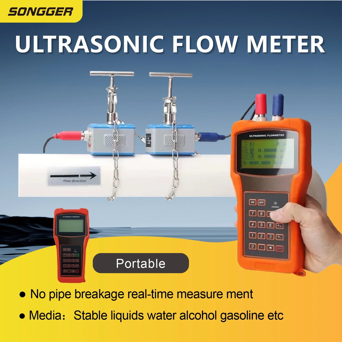 TUF-2000H Handheld Ultrasonic Flow Meter Portable Clamp-On Flowmeter Non-Invasive No Pipe Cutting