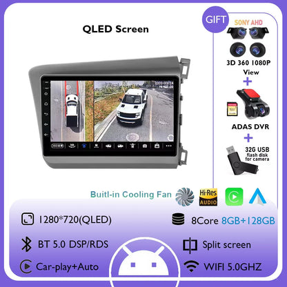 9" Android 14 Car Radio For Honda Civic RHD 2012 2013 2014 2015 Multimedia Player Carplay Auto Stereo GPS Navigation Head Unit
