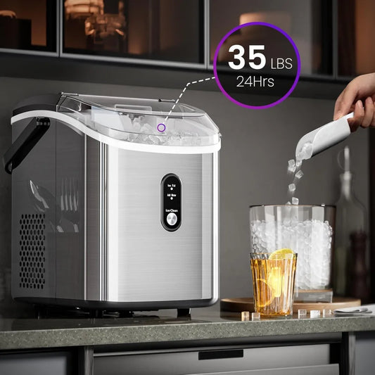 Nugget Ice Makers Countertop, Portable Sonic Ice Machine with Self-Cleaning/One-Click Operation for Home/Office(Silver)