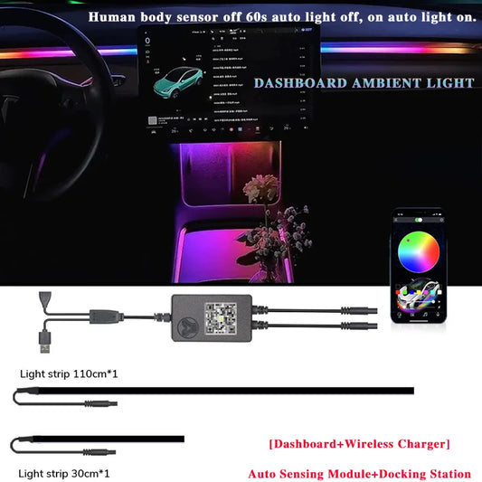 For Tesla Model 3 Y RGB Center Console Dashboard Wireless Charging Neon LED Light Strip Musical Rhythm USB Power APP Control