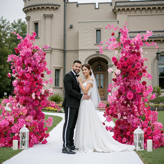 Hot Pink Rose Palm Orchid Aisle Floral Arrangement Wedding Backdrop KT Board Decor Hang Flower Row Banquet Window Display H8919