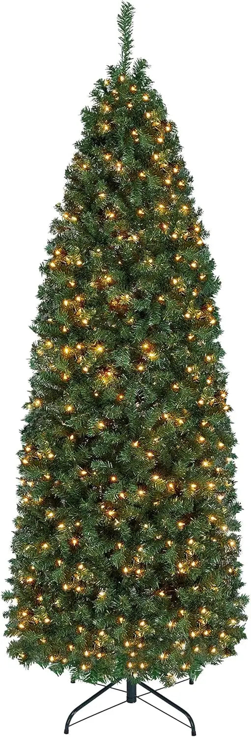 Snowflake Plush Pencil Christmas Tree with 350 Incandescent Warm White Lights, 7.5-foot Pre Installed Branches, 1086
