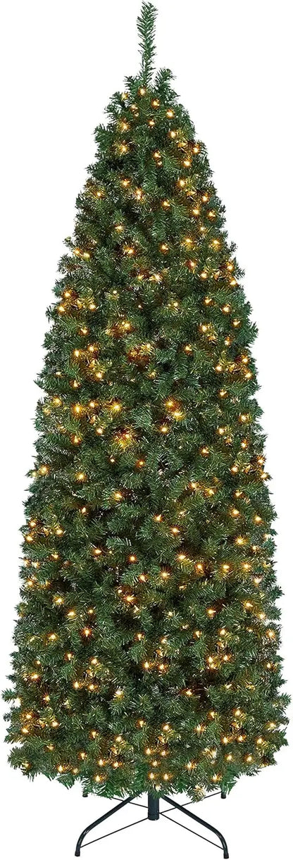 Snowflake Plush Pencil Christmas Tree with 350 Incandescent Warm White Lights, 7.5-foot Pre Installed Branches, 1086