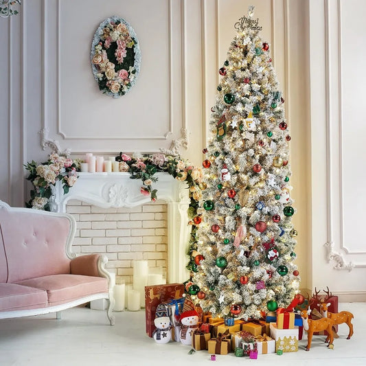 Snowflake Plush Pencil Christmas Tree with 350 Incandescent Warm White Lights, 7.5-foot Pre Installed Branches, 1086