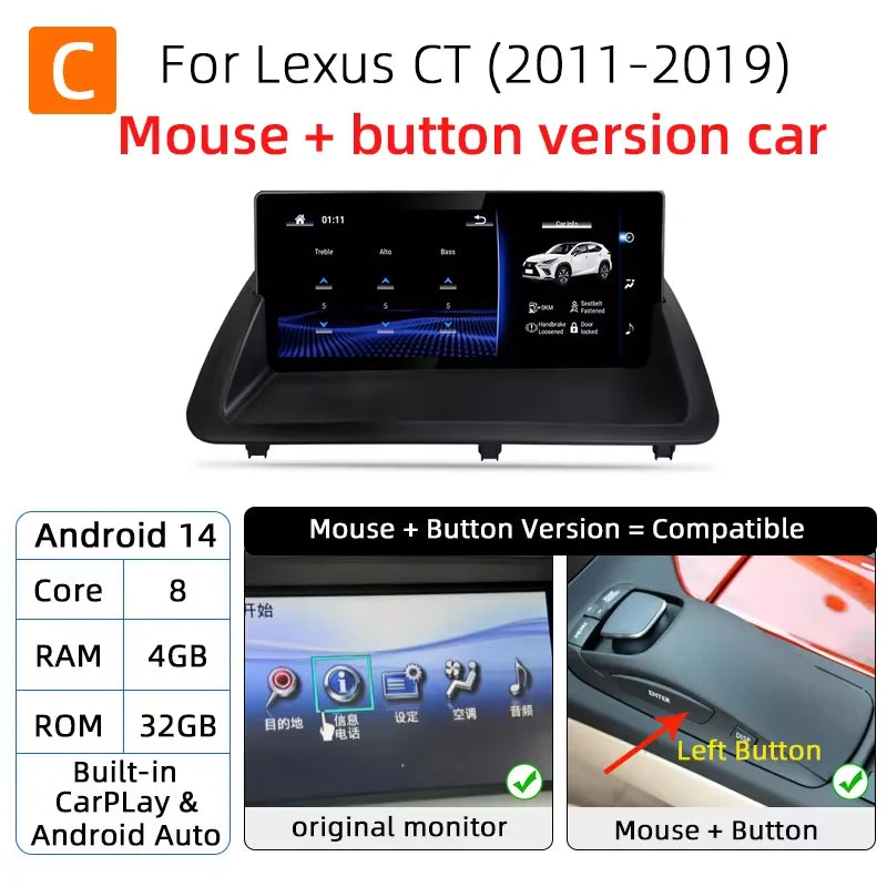 Nunoo Android 14 Car Radio CarPlay Screen For Lexus CT CT200 CT200h 2012-2020 GPS Navigation Snapdragon 8+128G Multimedia Player