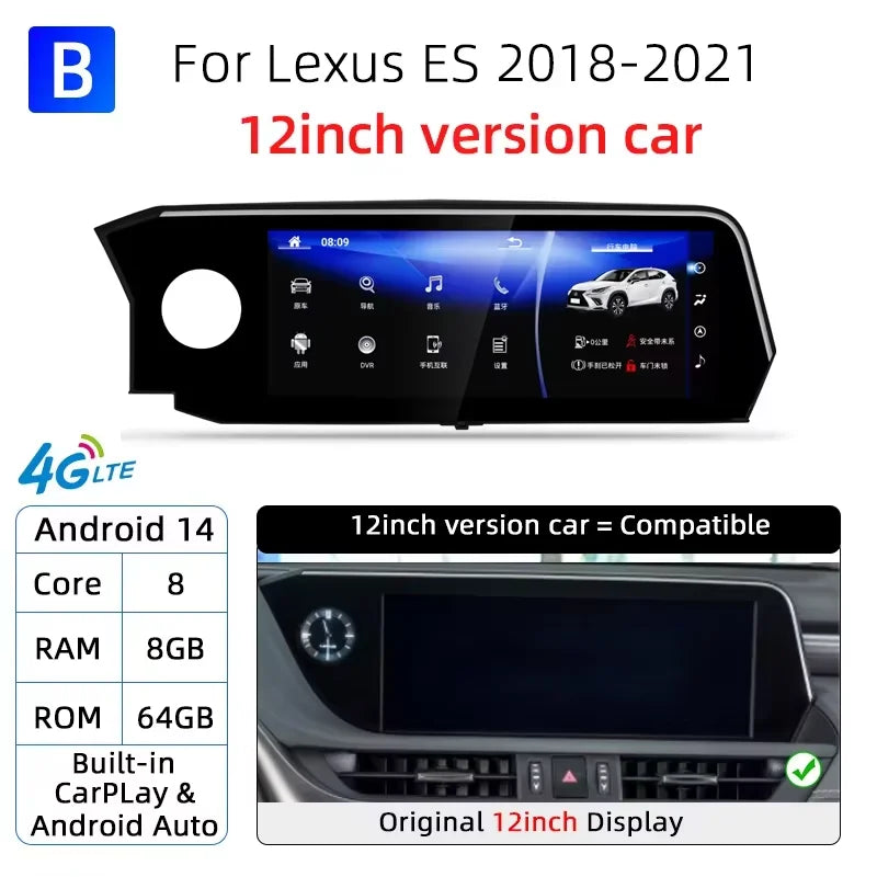 Android 14 Carplay Screen For Lexus ES ES200 ES250 ES350 ES300h 2018-2021 8 Core Multimedia Player Car Monitor Video Navigation