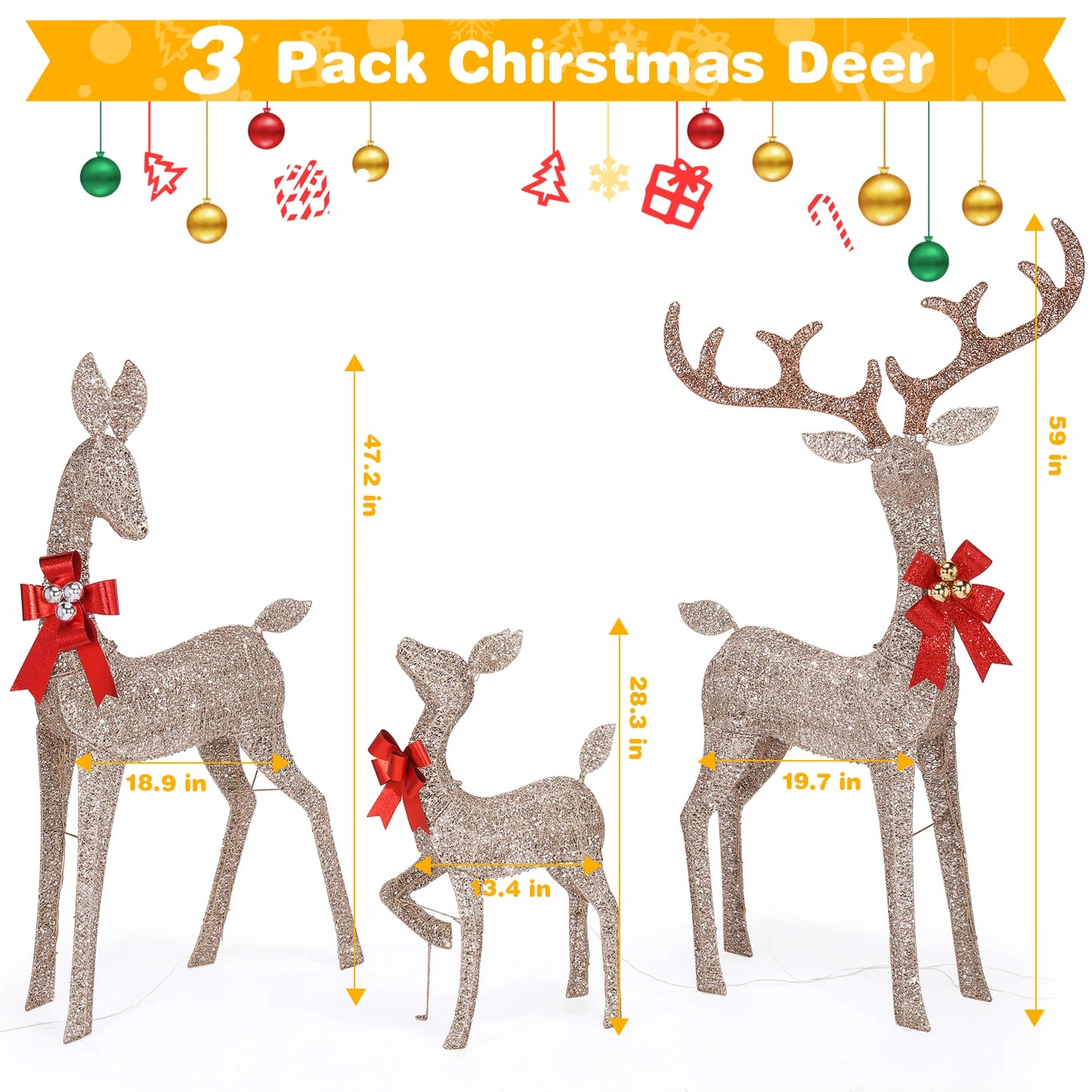 Indoor Outdoor Large Lighted Christmas Deer Family Set Front Yard Porch Holiday Decoration with 160/210 Warm White LED Lights