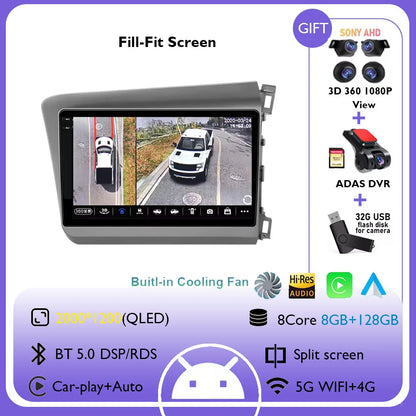 9" Android 14 Car Radio For Honda Civic RHD 2012 2013 2014 2015 Multimedia Player Carplay Auto Stereo GPS Navigation Head Unit