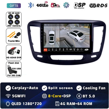9" Car Raido Carplay Android 14 For Chrysler 200 200C 2015 - 2019 Auto Multimedia Screen Stereo Video Player GPS Navigation WIFI