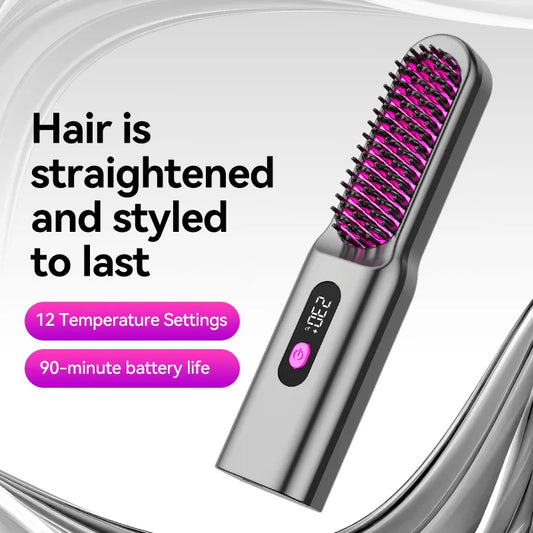 Portable Travel Thermostatic Hot Comb Hair Straightener Ceramic Heated USB Charging Fast Heating Brush Straightening Comb Curler