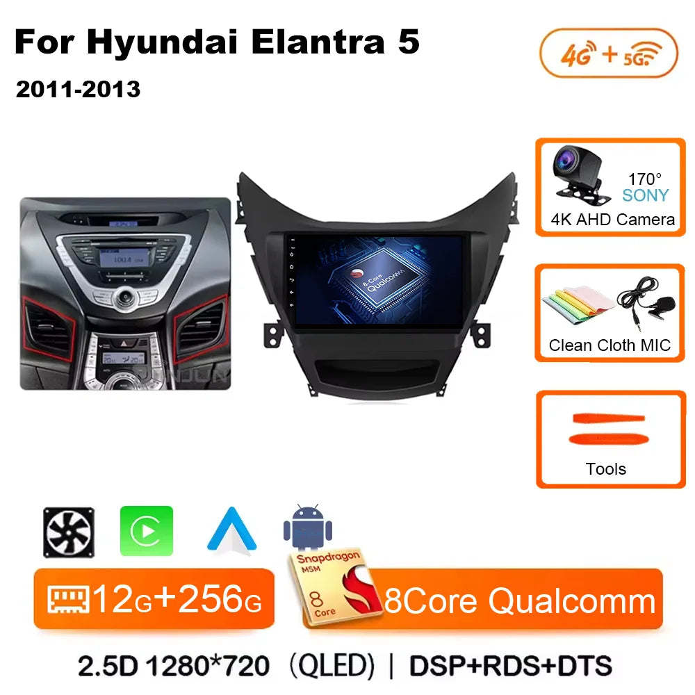 Android 14 Carplay Auto For Hyundai Elantra 5 JK GD MD UD 2011 - 2013 Qualcomm Car Radio Multimedia Video Player Navigation GPS