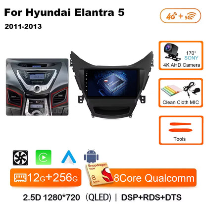 Android 14 Carplay Auto For Hyundai Elantra 5 JK GD MD UD 2011 - 2013 Qualcomm Car Radio Multimedia Video Player Navigation GPS