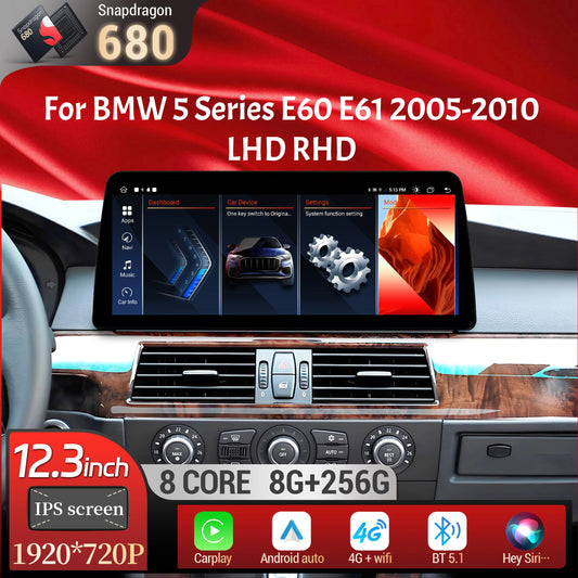 12.3 inch Android 14 For BMW 5 Series E60 E61 2005-2010 Car Radio 4G Wireless BT Carplay Snapdragon 680 Touch Head Unit Screen