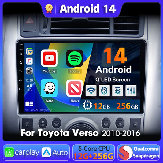 Android 14 Car radio Navigation Multimedia Player For Toyota Verso 2010 2011 2012 2013 2014 2015 2016 Carplay Auto Stereo video
