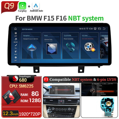 12.3 inch Android 14 For BMW X5 F15 X6 F16 2014-2018 Car Radio Wireless Bluetooth Carplay Head Unit Snapdragon 680 Touch Screen